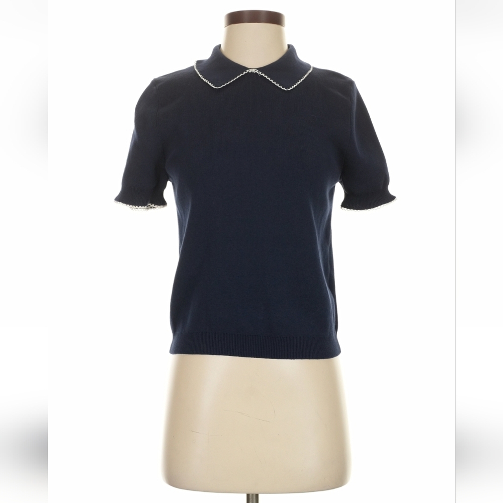 Zara Midnight Blue Short Sleeve Sweater Top With White Trim Size Small